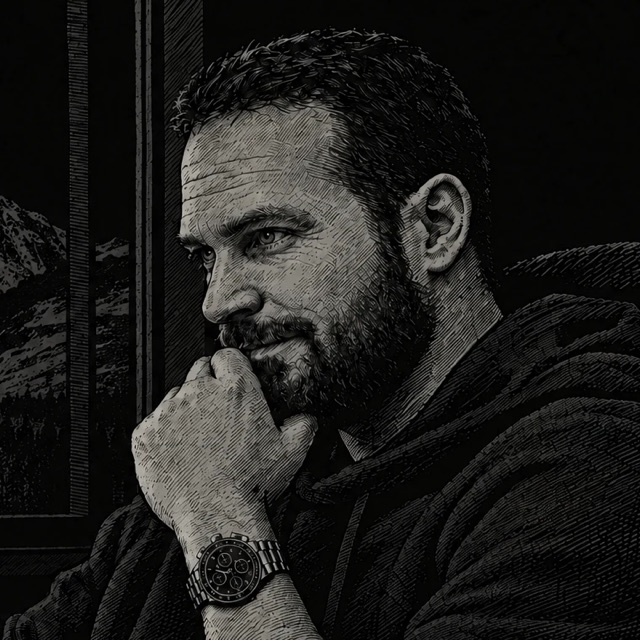 Engraved portrait of Ty Maxey, chin on his hand, by a window at night