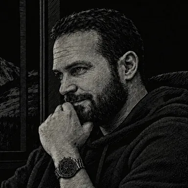 Portrait of Ty Maxey in an engraved style, chin on his hand, by a window at night