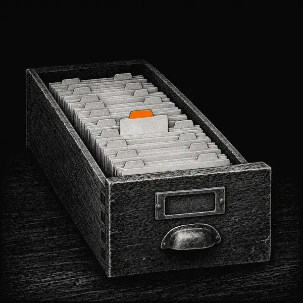 An old wooden card catalog drawer pulled open, rows of blank index cards inside, one card's tab raised in orange