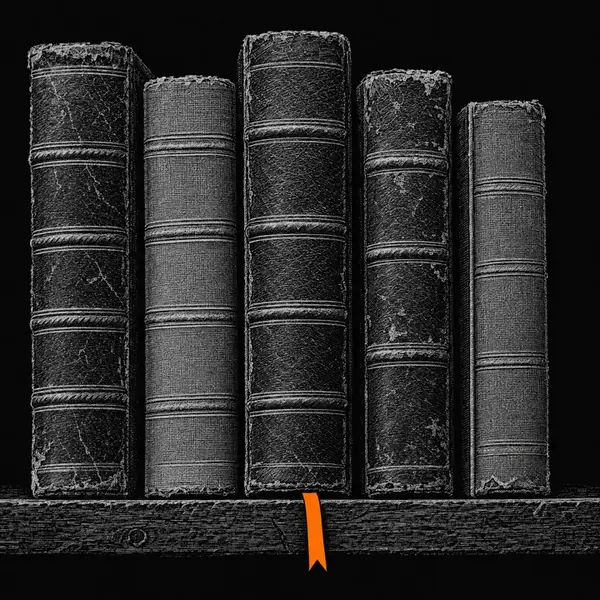 Five old hardbound books on a shelf, spines out, an orange ribbon bookmark hanging over the shelf's edge