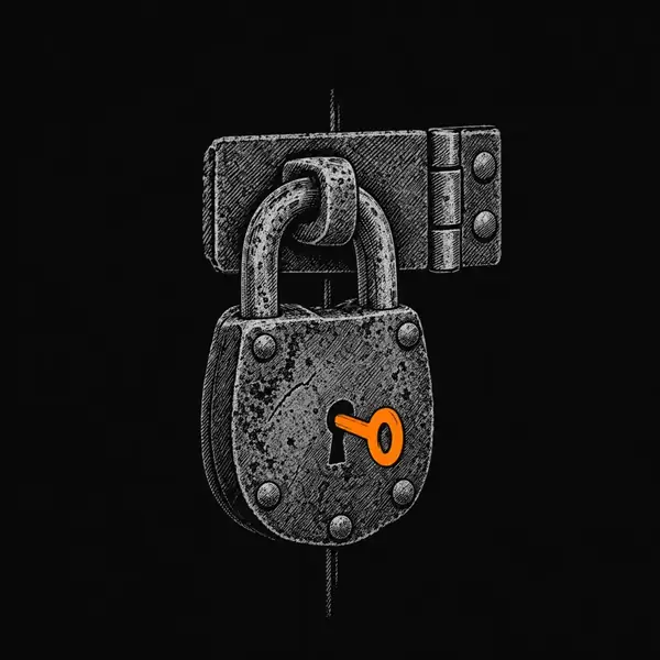 An old iron padlock hanging closed from a hasp, a key turned in its keyhole