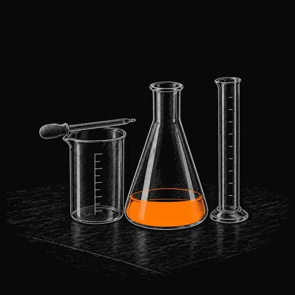 Laboratory glassware on a bench: a beaker with a dropper across its rim, a conical flask with orange liquid in its base, and a measuring cylinder