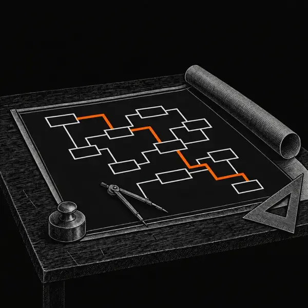 A blueprint of a flow diagram on a drafting table, one path traced through it, a compass and a set square beside it